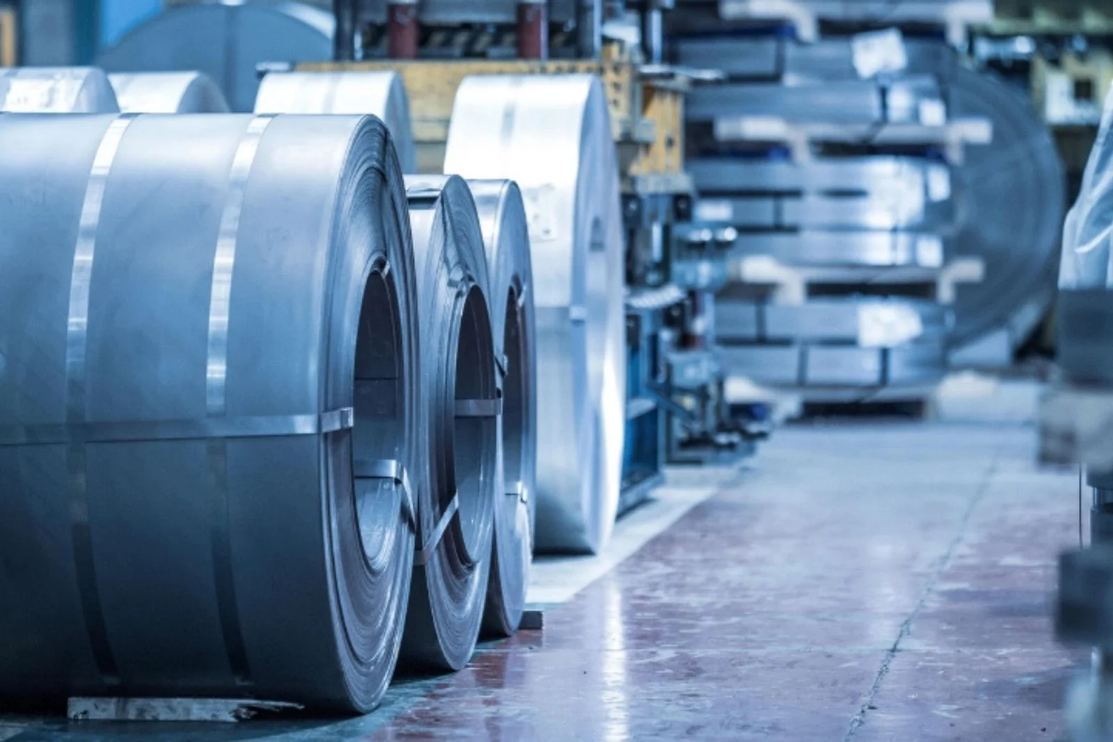 Coiled sheet steel in a factory